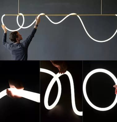 Collage: man holding bright LED stripe